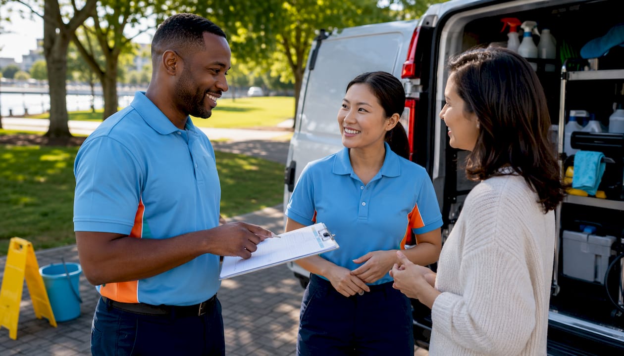 Cleaning pros consult with homeowner in yard
