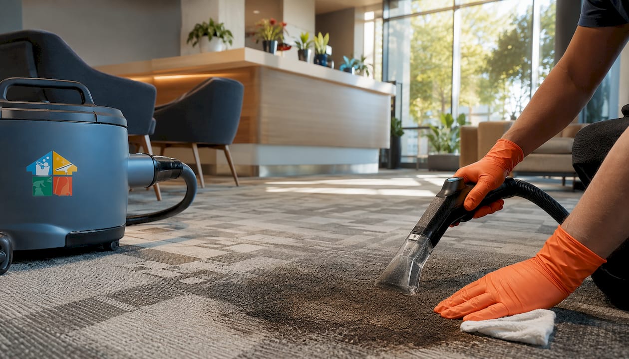 Hands spot cleaning office carpet stain