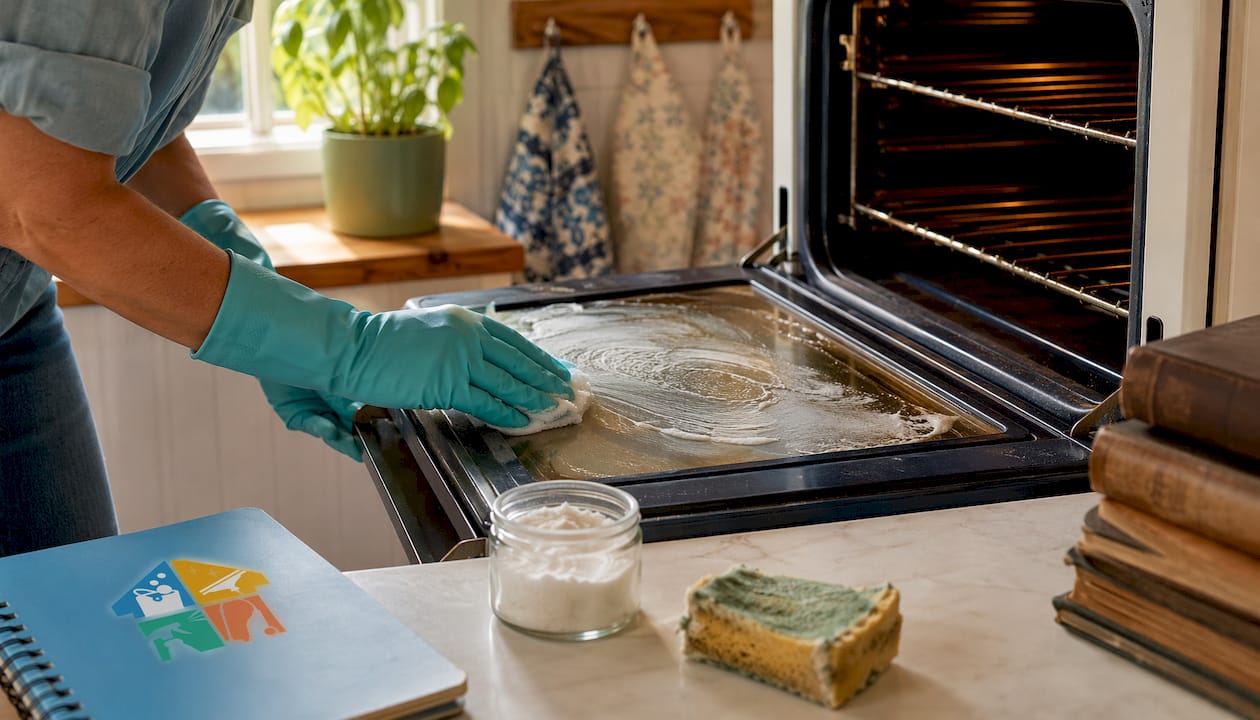 Hands applying baking soda paste in oven