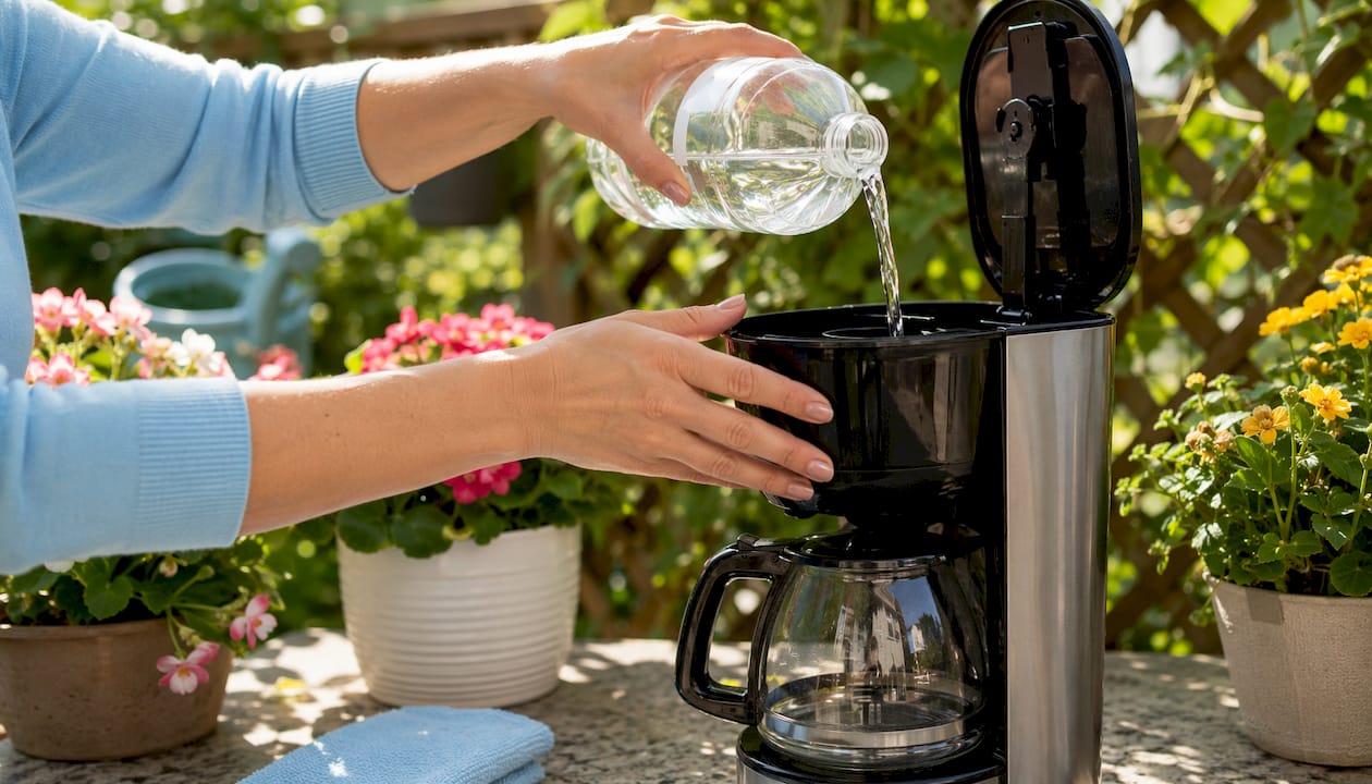 Hands descaling coffee maker reservoir