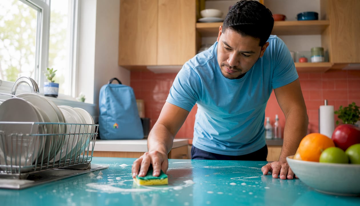 Man wiping kitchen countertop