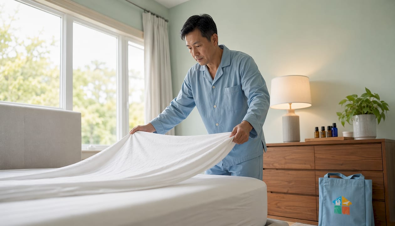 Man changing bedding to reduce dust mites