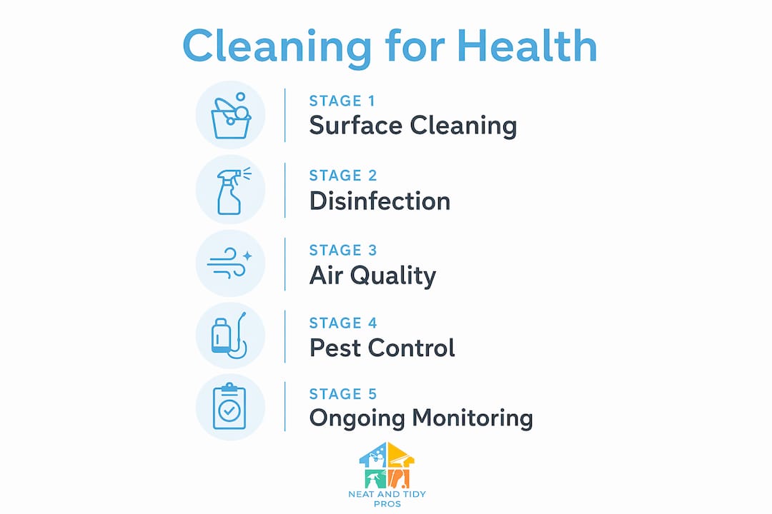 Infographic illustrating key stages of professional cleaning for health outcomes