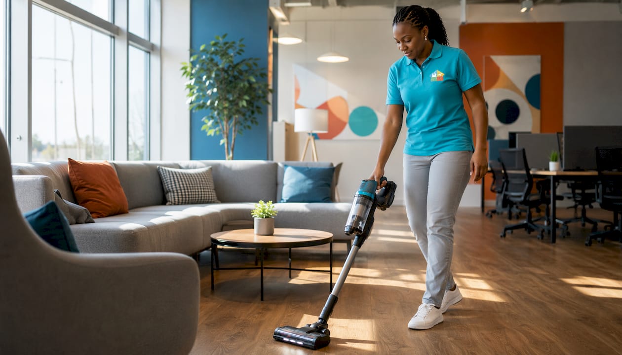 Woman vacuuming lobby floor near reception desk