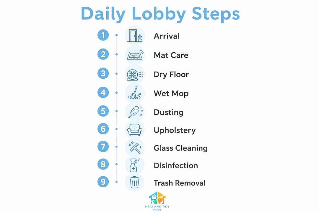 Infographic showing daily lobby cleaning steps