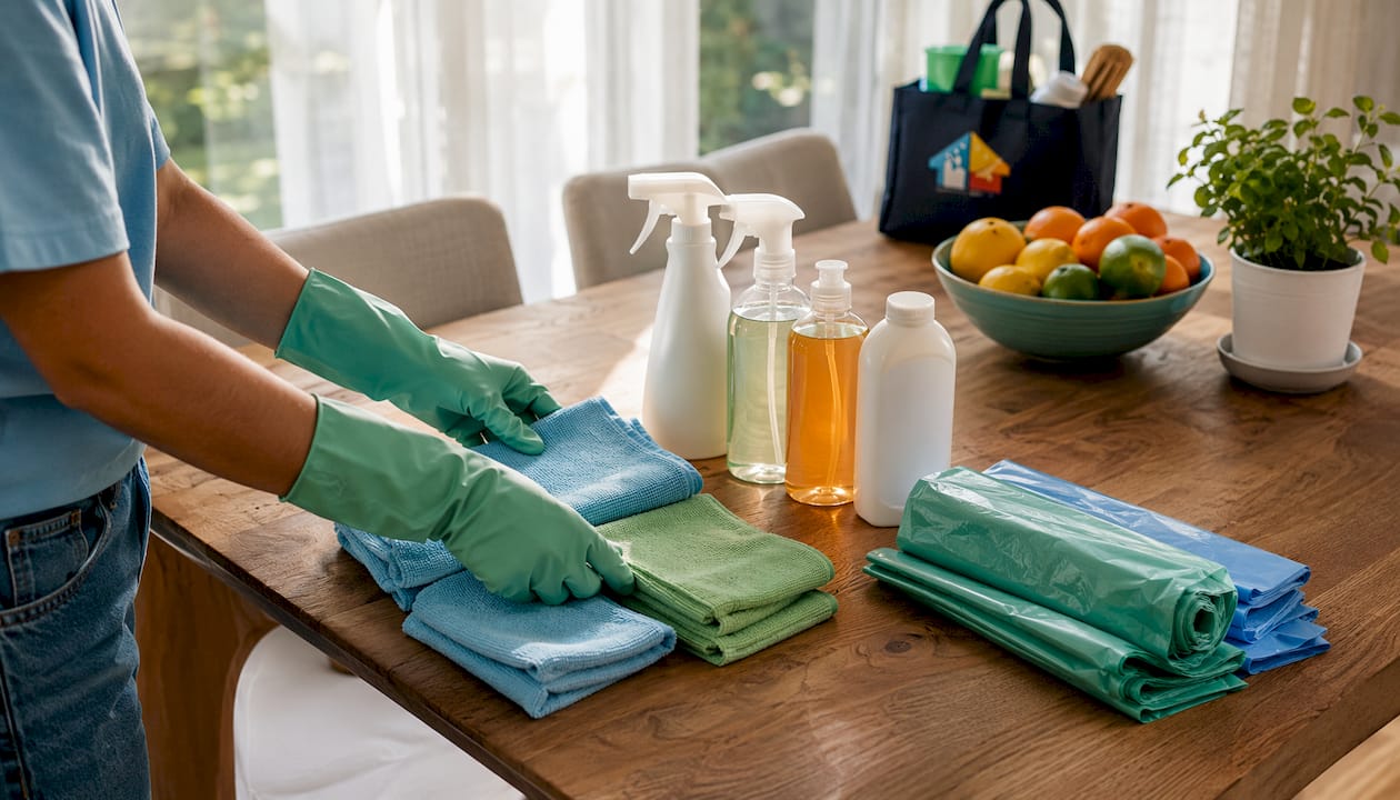 Hands arranging cleaning supplies on kitchen counter