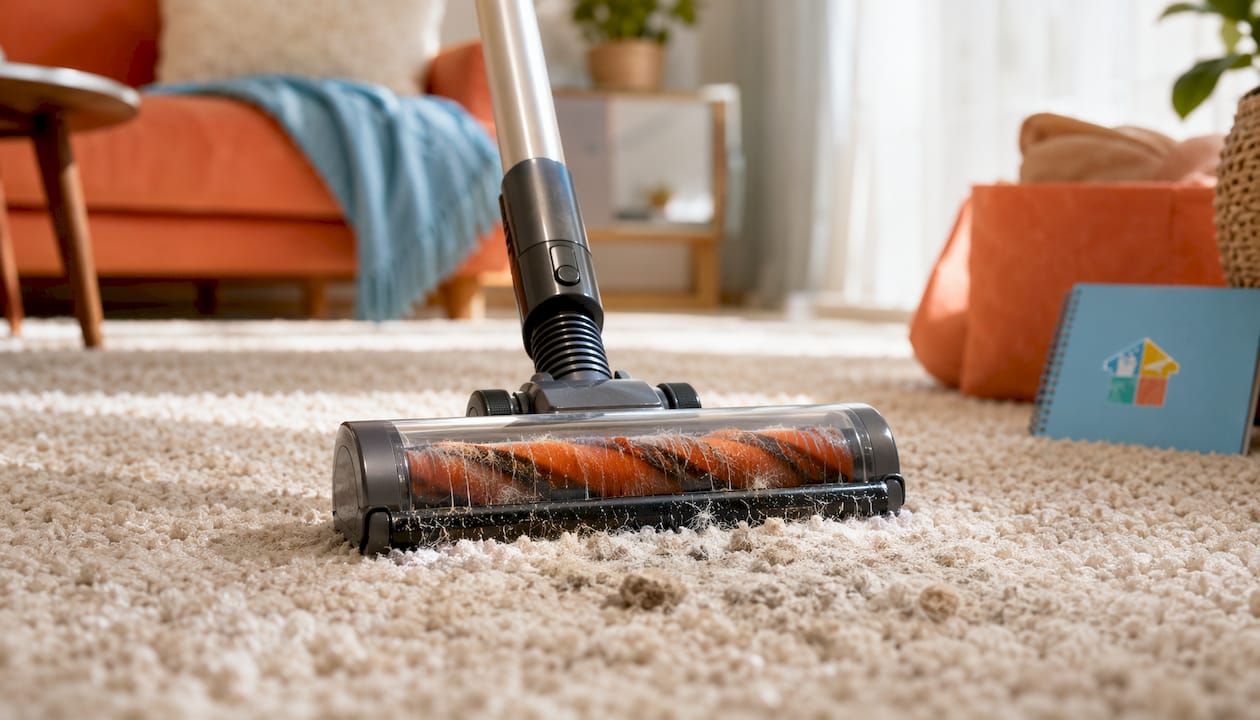 Close-up of vacuum brush roll on carpet