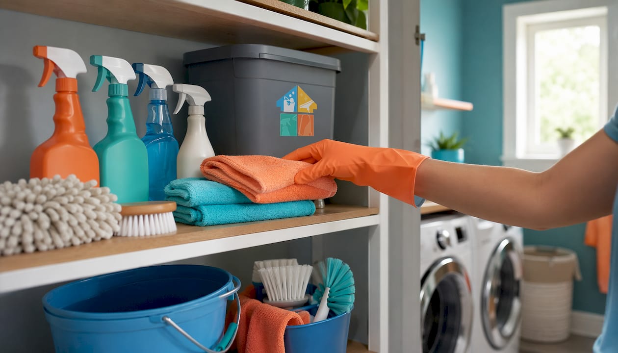 Organized cleaning supplies in kitchen cabinet
