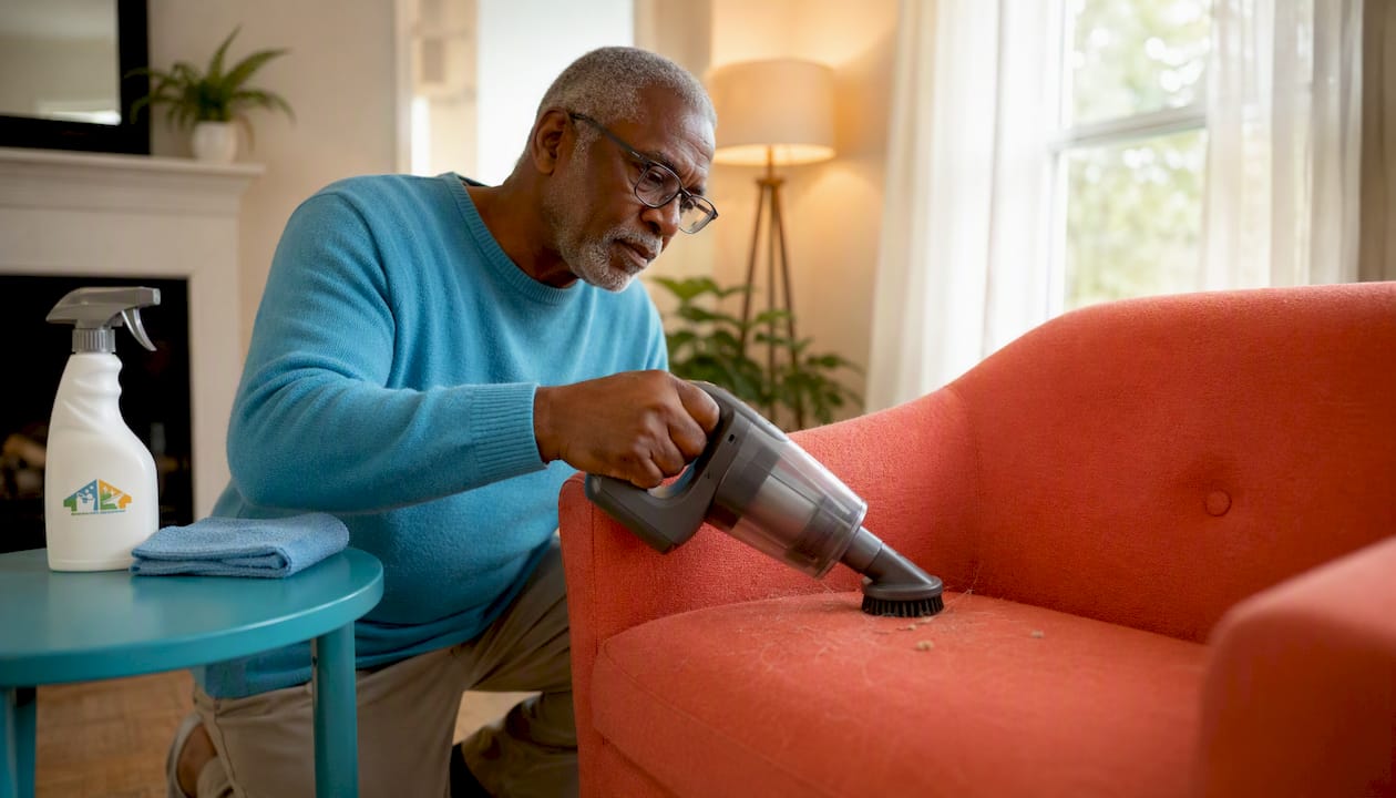 Man vacuuming sofa upholstery close-up
