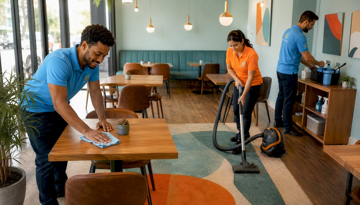 Diverse cleaning team working in office