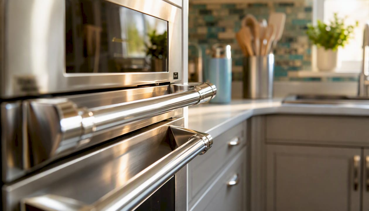 Polished stainless steel appliance handles in kitchen