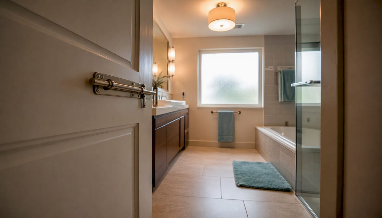 Bathroom door lock, motion sensor light, non-slip mat