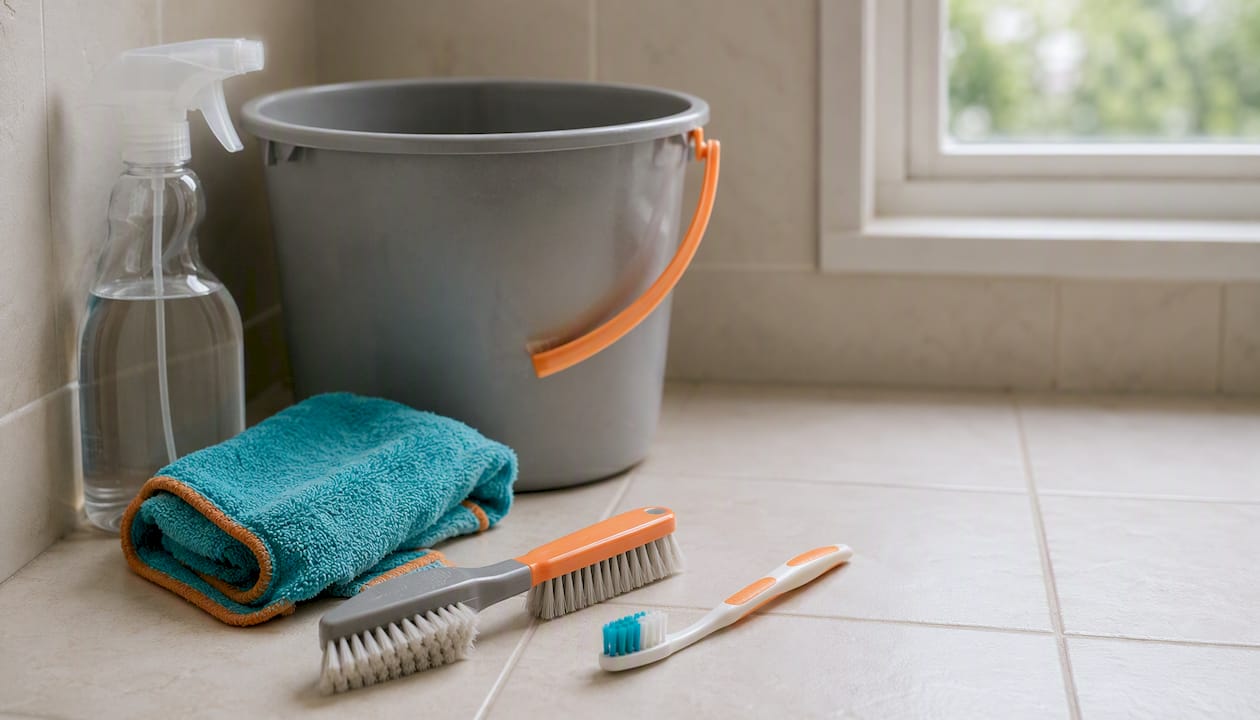 Grout brush and cleaning tools on bathroom floor