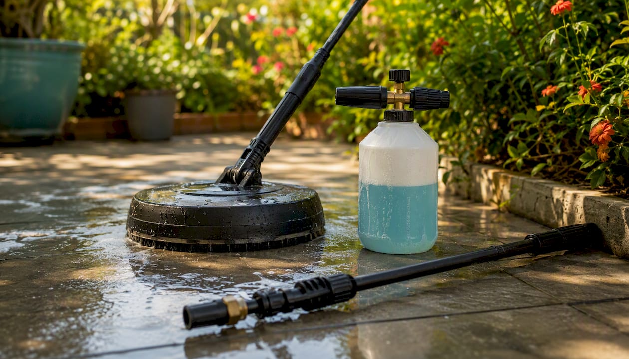 Pressure washer attachments for surface cleaning