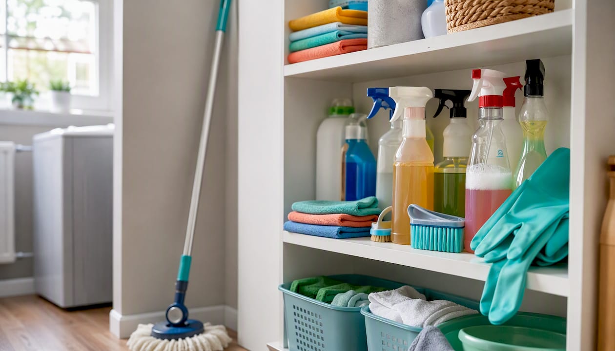Neatly arranged generic cleaning supplies on shelf