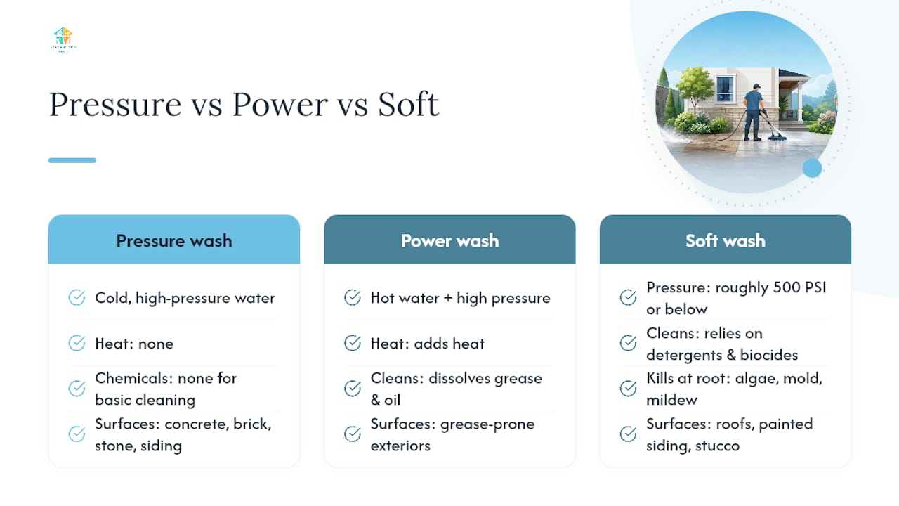 Comparison of pressure washing, power washing, and soft washing