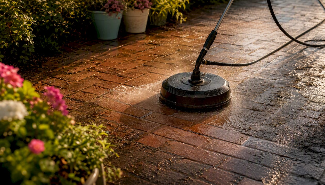 Surface cleaner attachment cleaning concrete patio