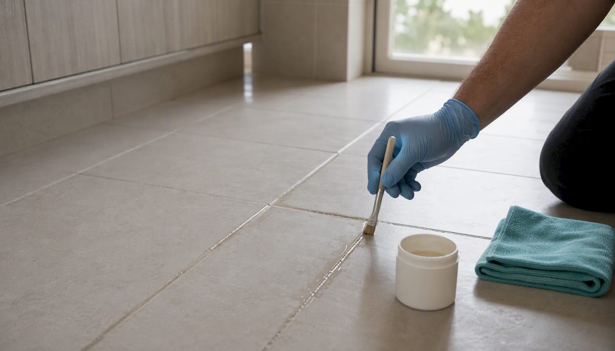 Hand applying grout sealer to bathroom floor grout