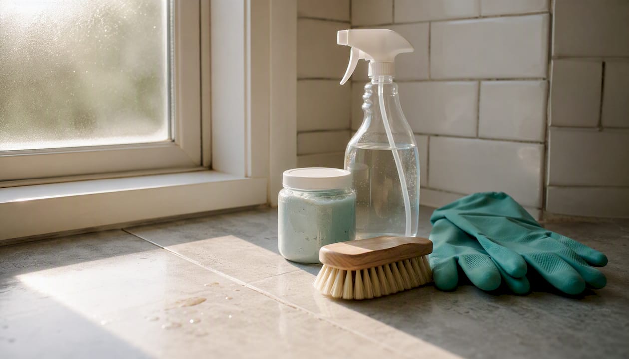 Grout cleaning supplies on bathroom floor