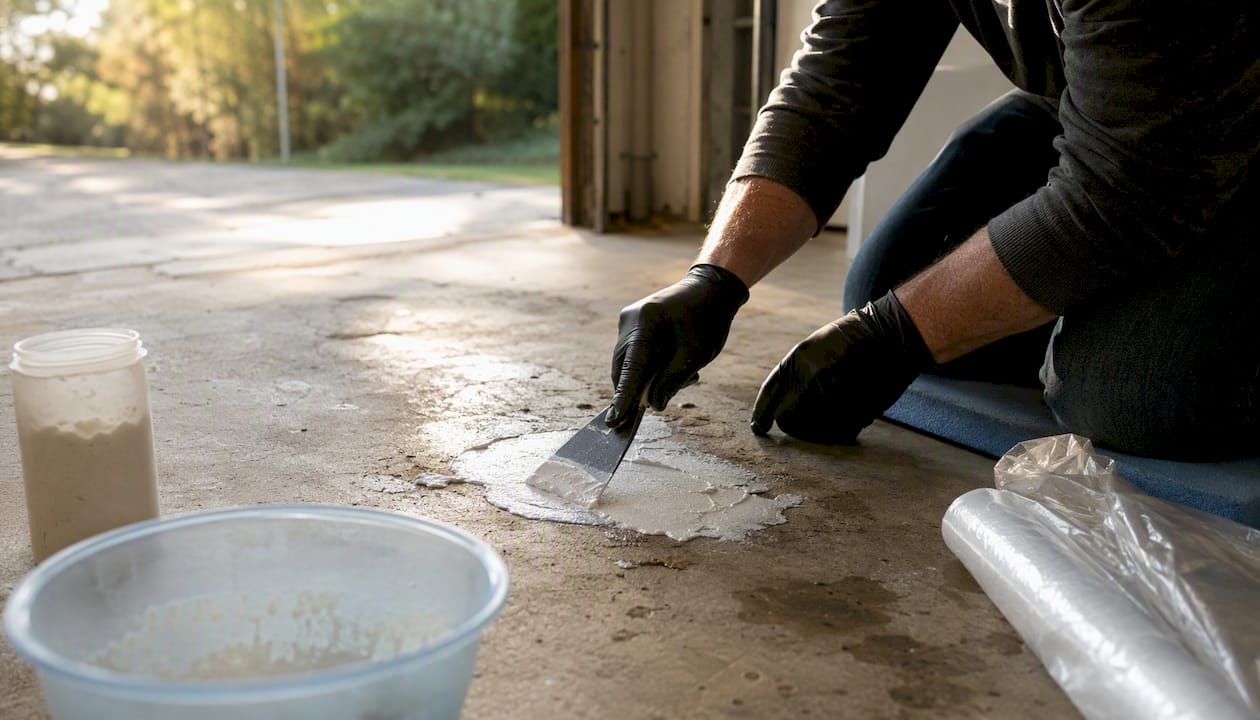 Hands applying poultice paste on old garage oil stain