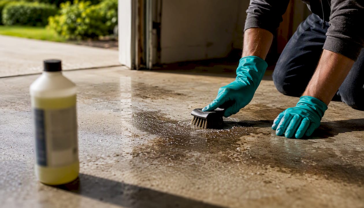 Person scrubbing set-in oil stain on garage floor