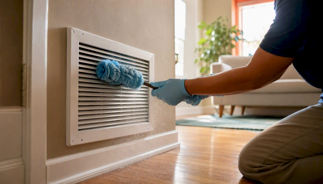 Cleaner dusting HVAC vent indoors