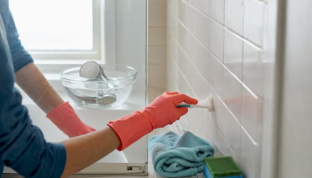 Hands scrubbing bathroom shower grout