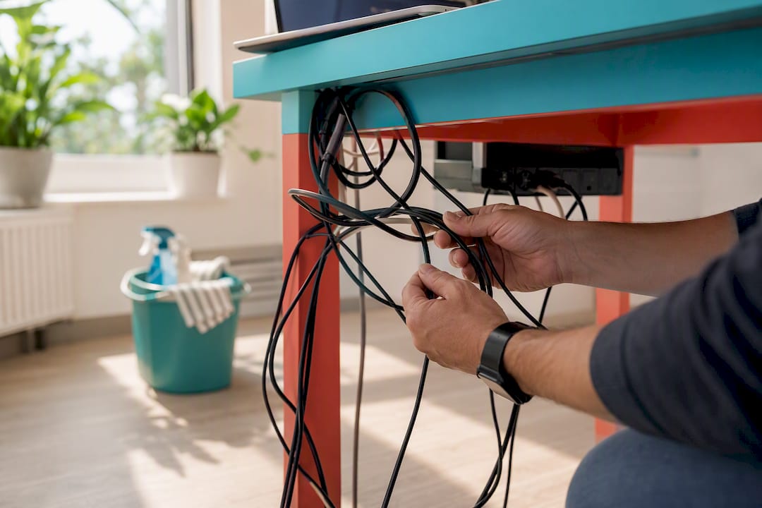 Hands inspecting bent electrical cords behind desk