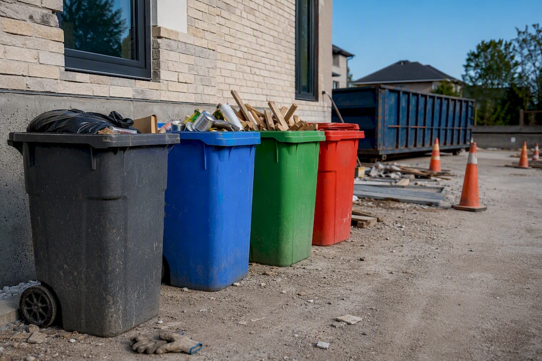Labeled bins for sorting construction debris outdoors