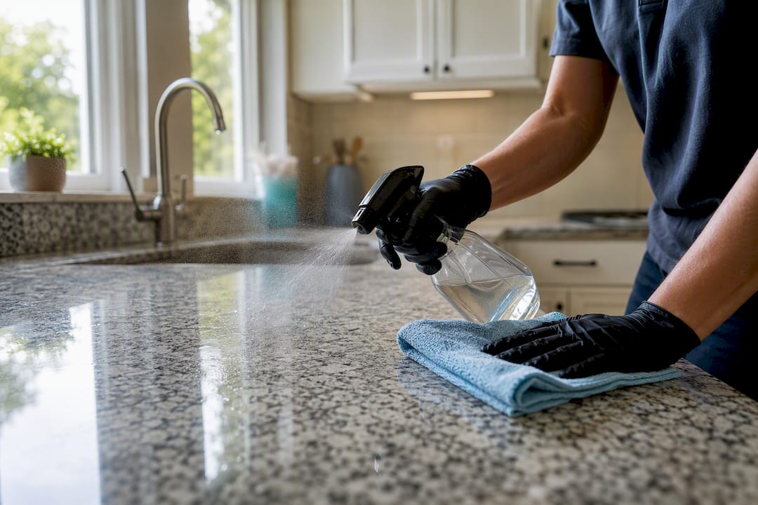 Cleaner applying certified green product to countertop