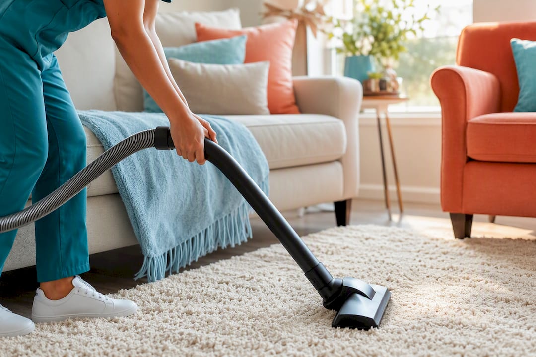 Cleaner vacuuming living room carpet