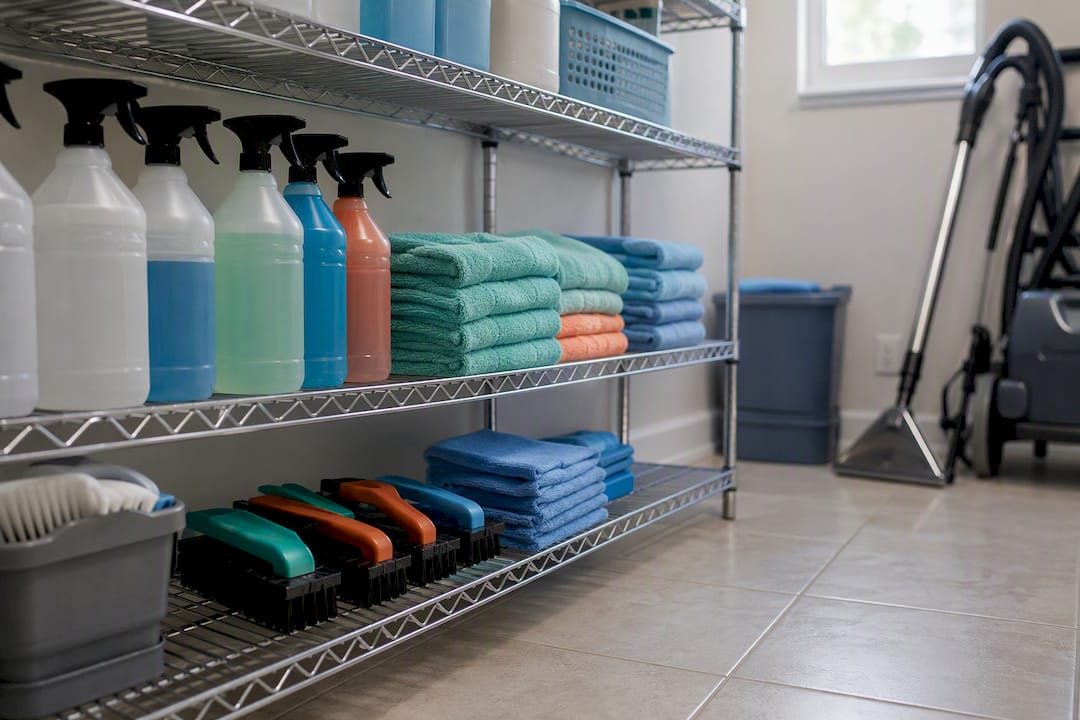 Organized cleaning supplies and carpet cleaning tool