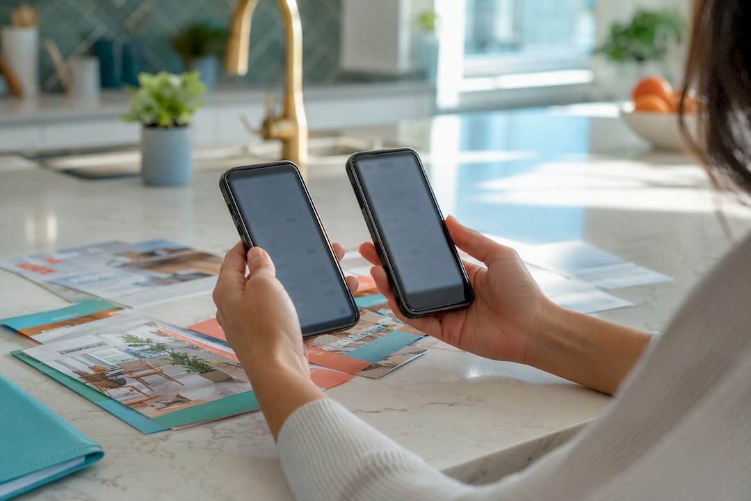 Hands comparing cleaning quotes on smartphones