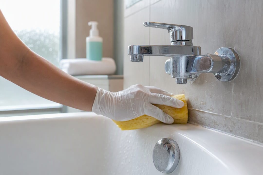 Hand scrubbing hotel bathtub faucet and grout