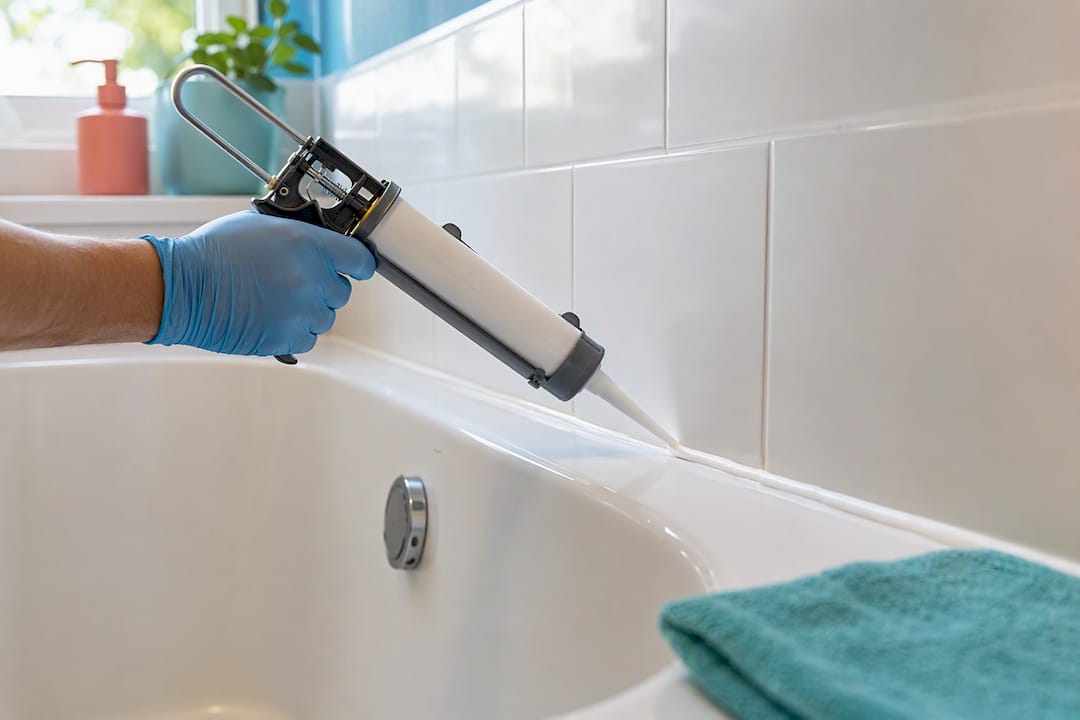 Hand applying fresh caulk along bathroom seam