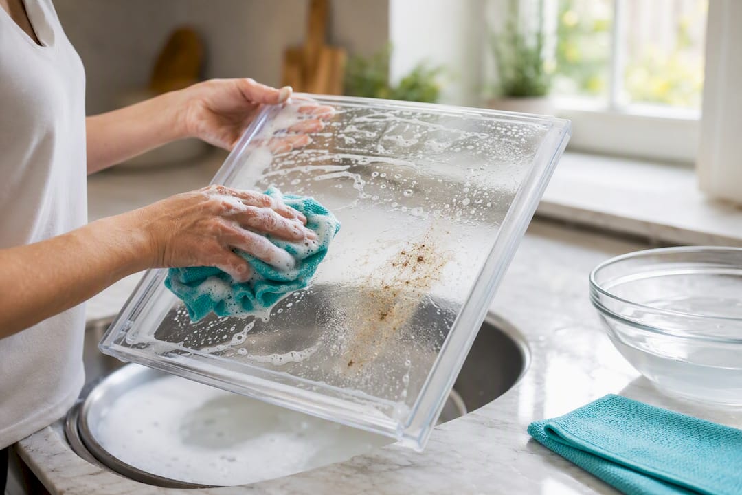 Hands washing a refrigerator shelf