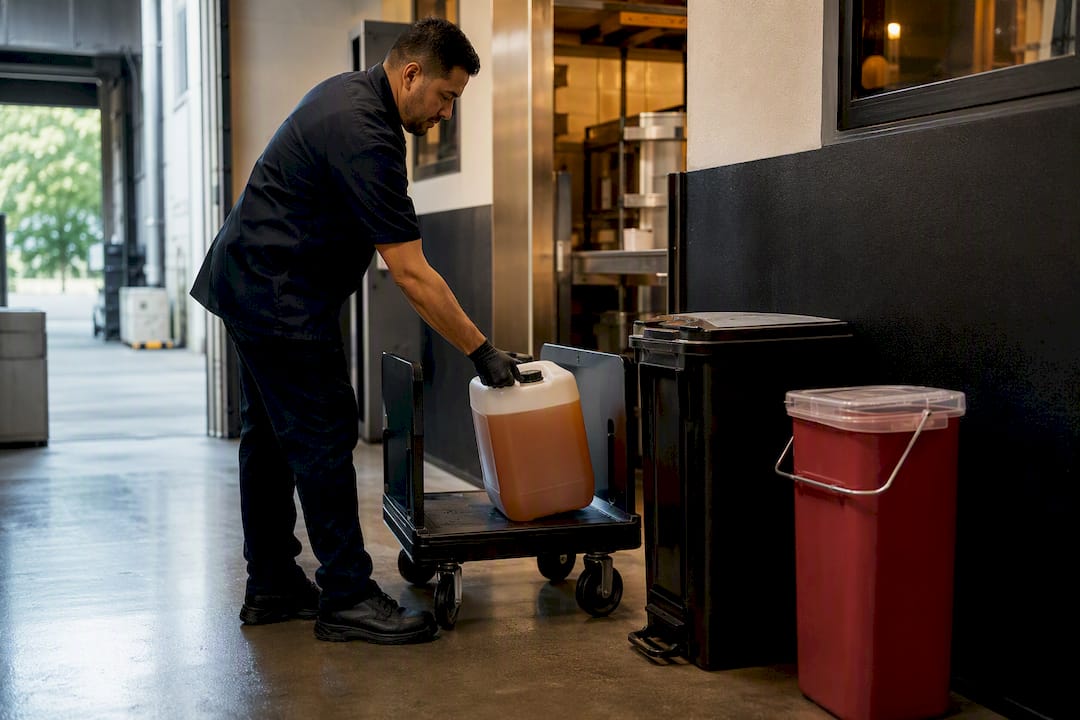 Sealed restaurant waste containers prepared for pickup