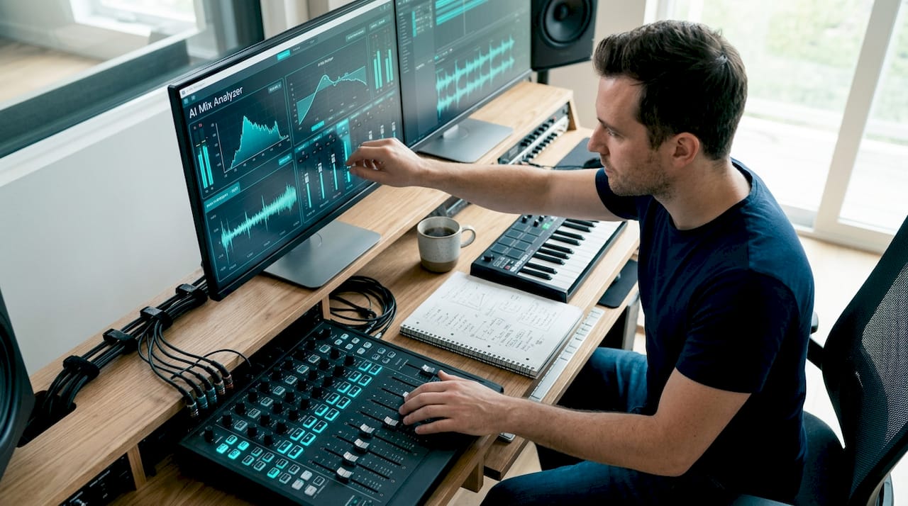 Mix engineer adjusting audio tracks in home studio