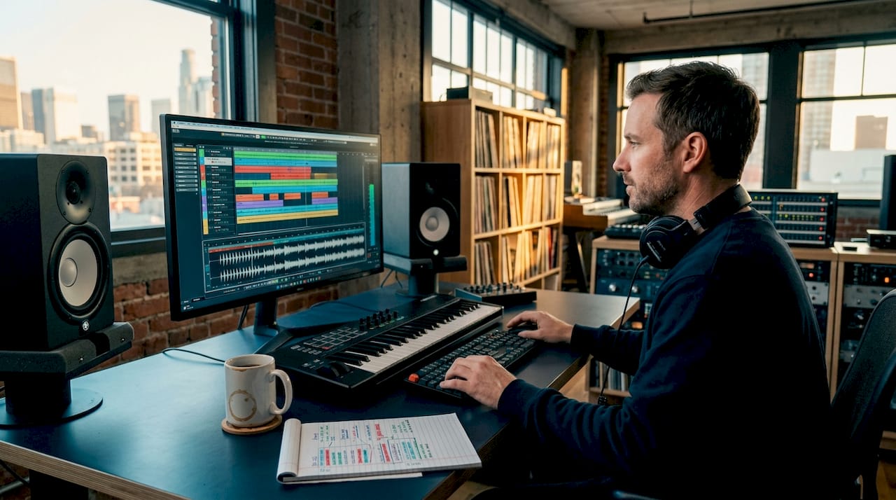 Audio engineer working in home studio setup