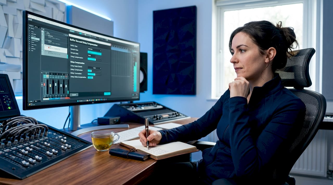 Producer reviewing DAW buffer and delay settings