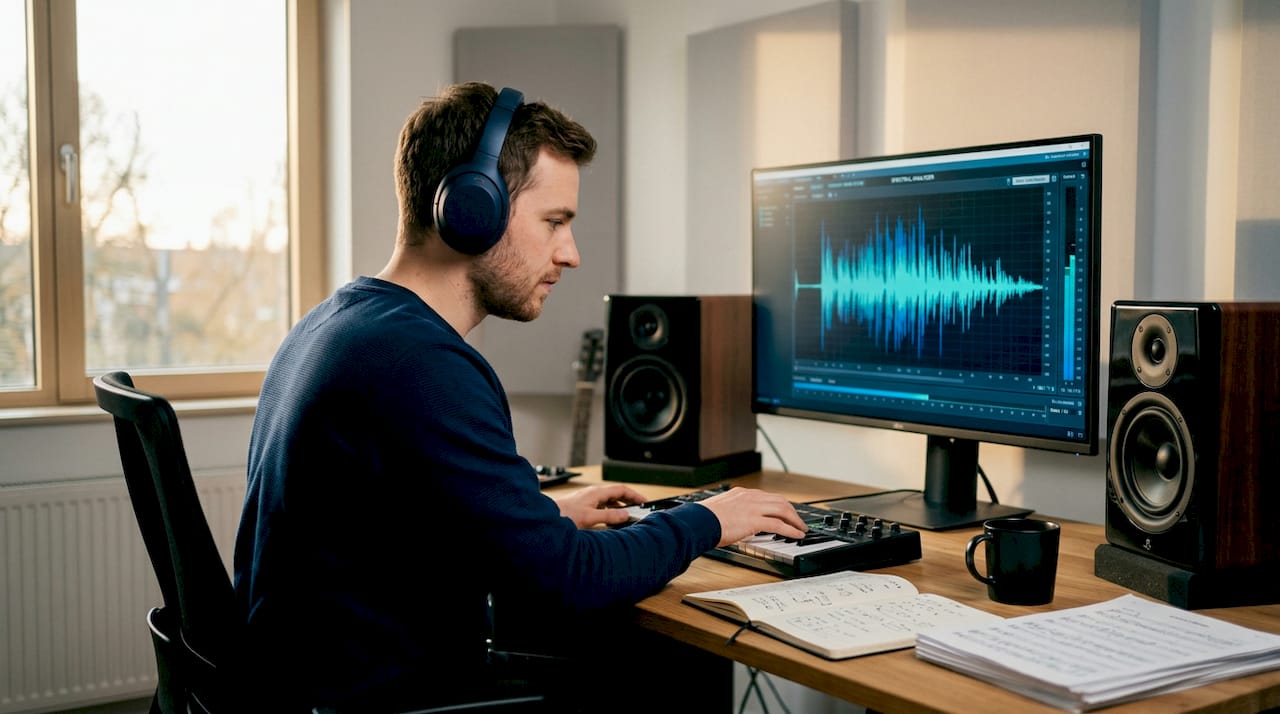 Producer in home studio analyzing audio tools