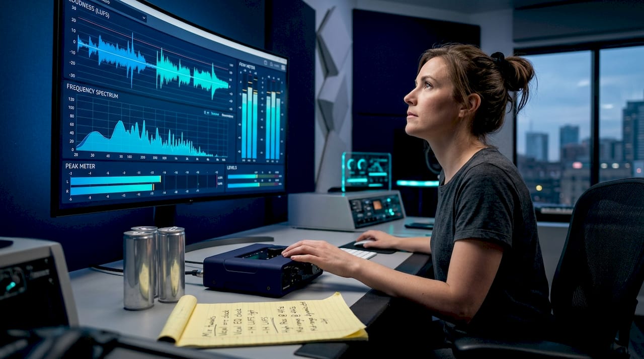 Audio engineer reviewing metering suite screens