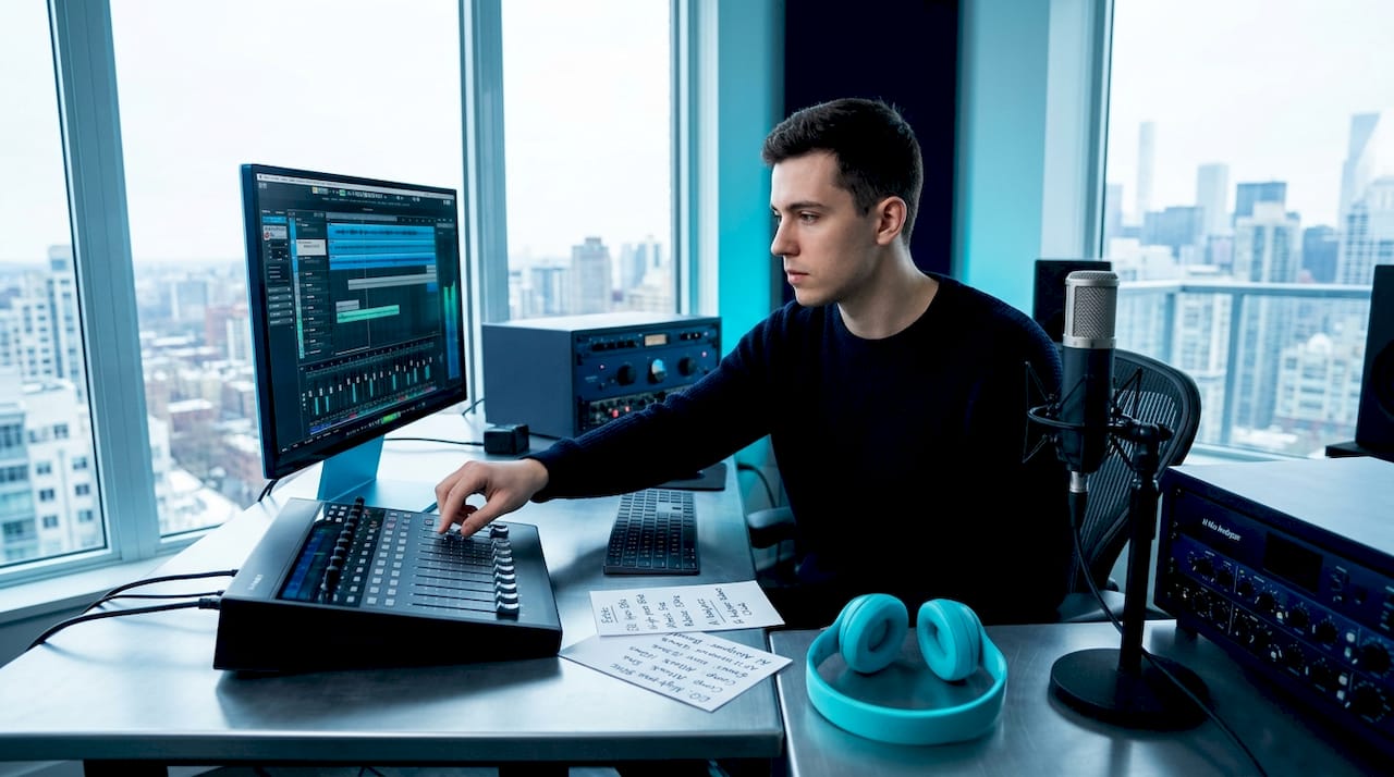 Music producer working at mixing desk in home studio