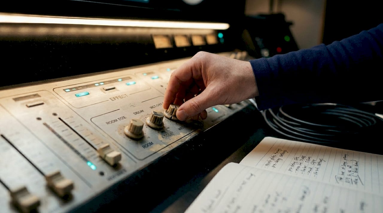 Close-up mixing console reverb controls with hand adjusting knob