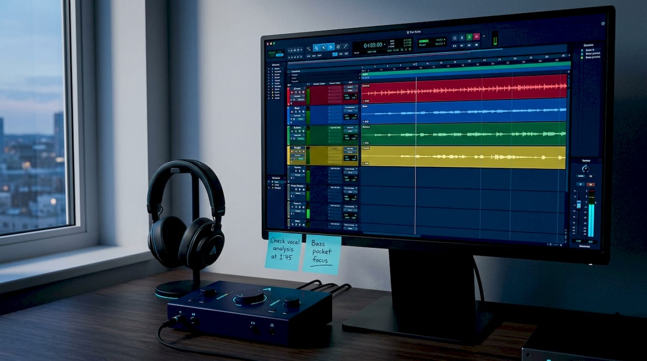 Color-coded organized DAW tracks on screen