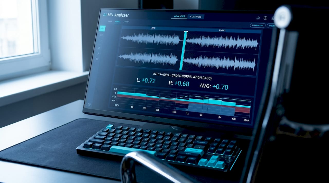 Close-up of stereo waveform and correlation readings