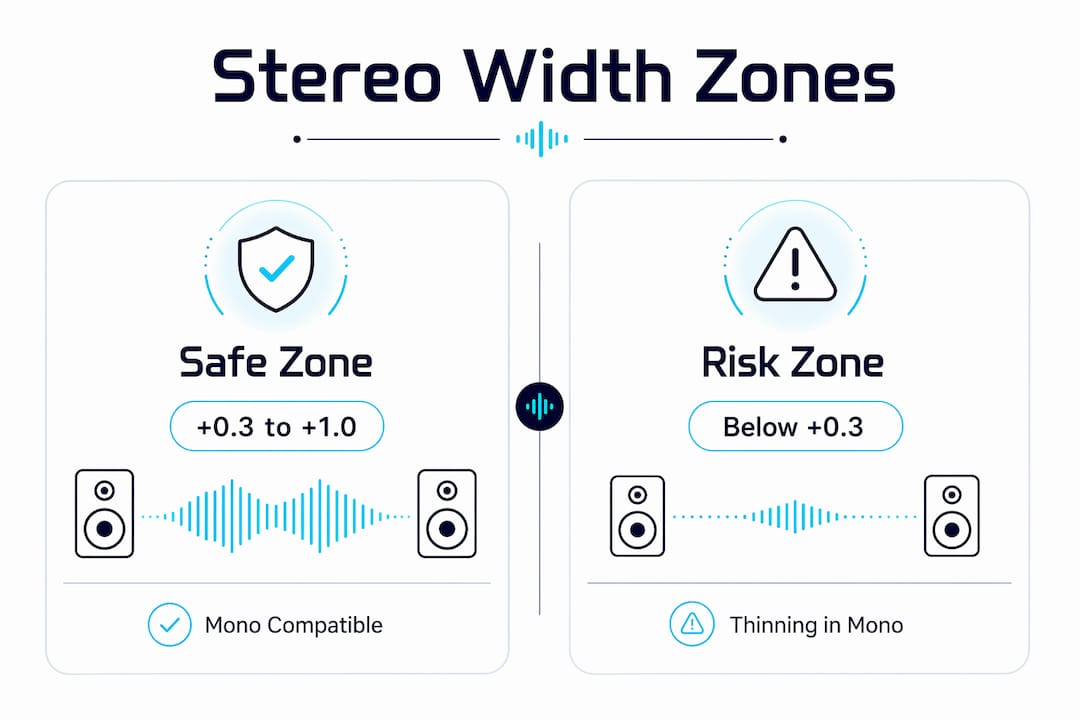 Infographic illustrating stereo width correlation zones