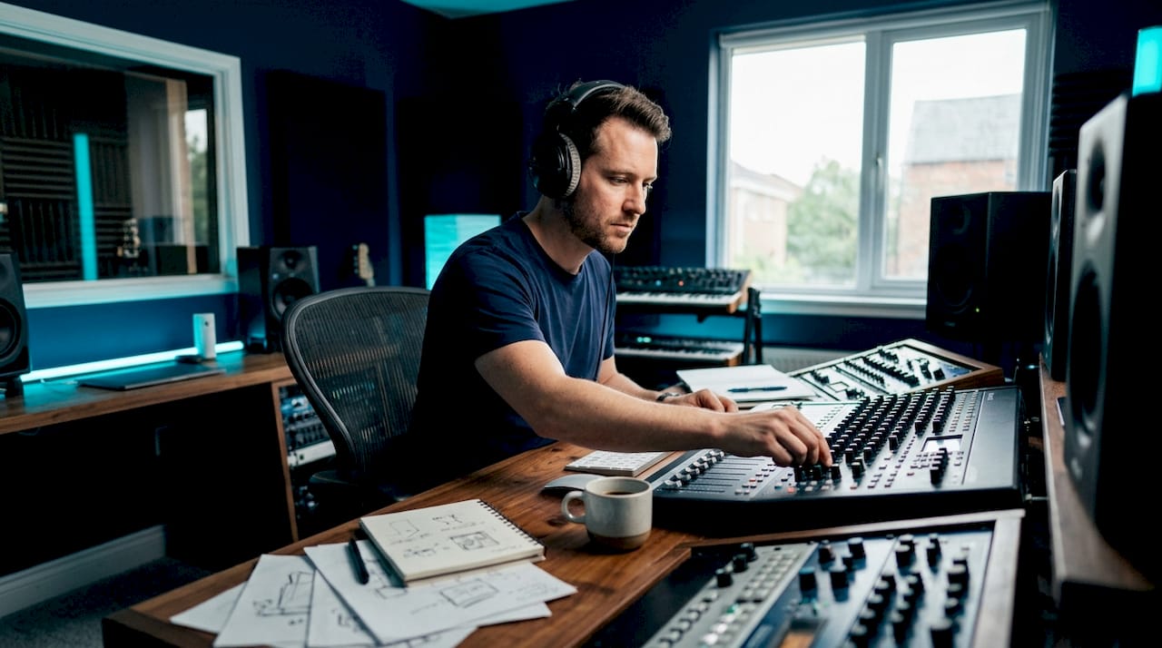 Music producer working on mixing session in studio