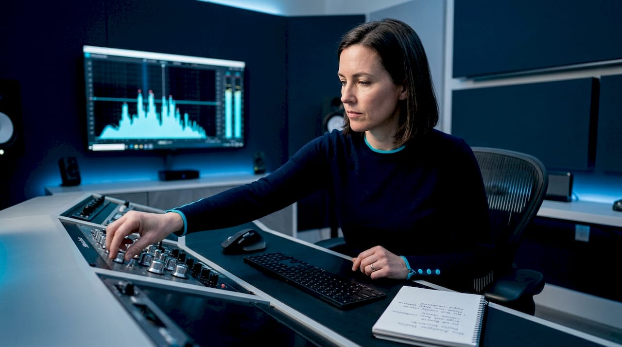 Mastering engineer adjusting audio equipment in mastering suite