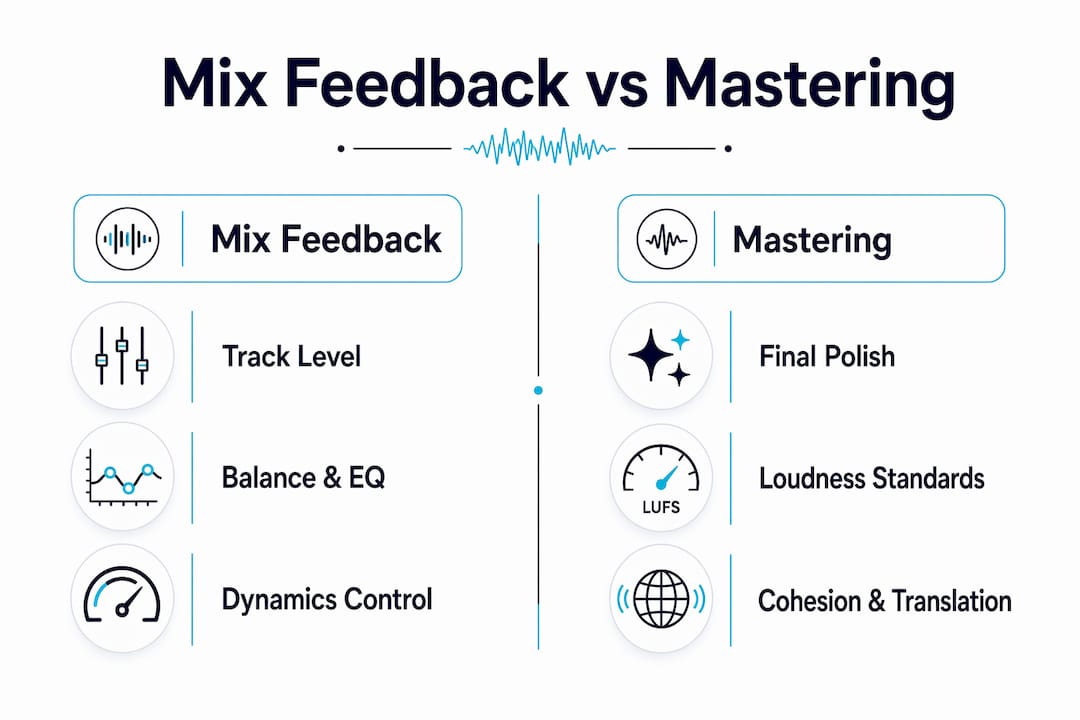 Infographic comparing mix feedback and mastering key aspects